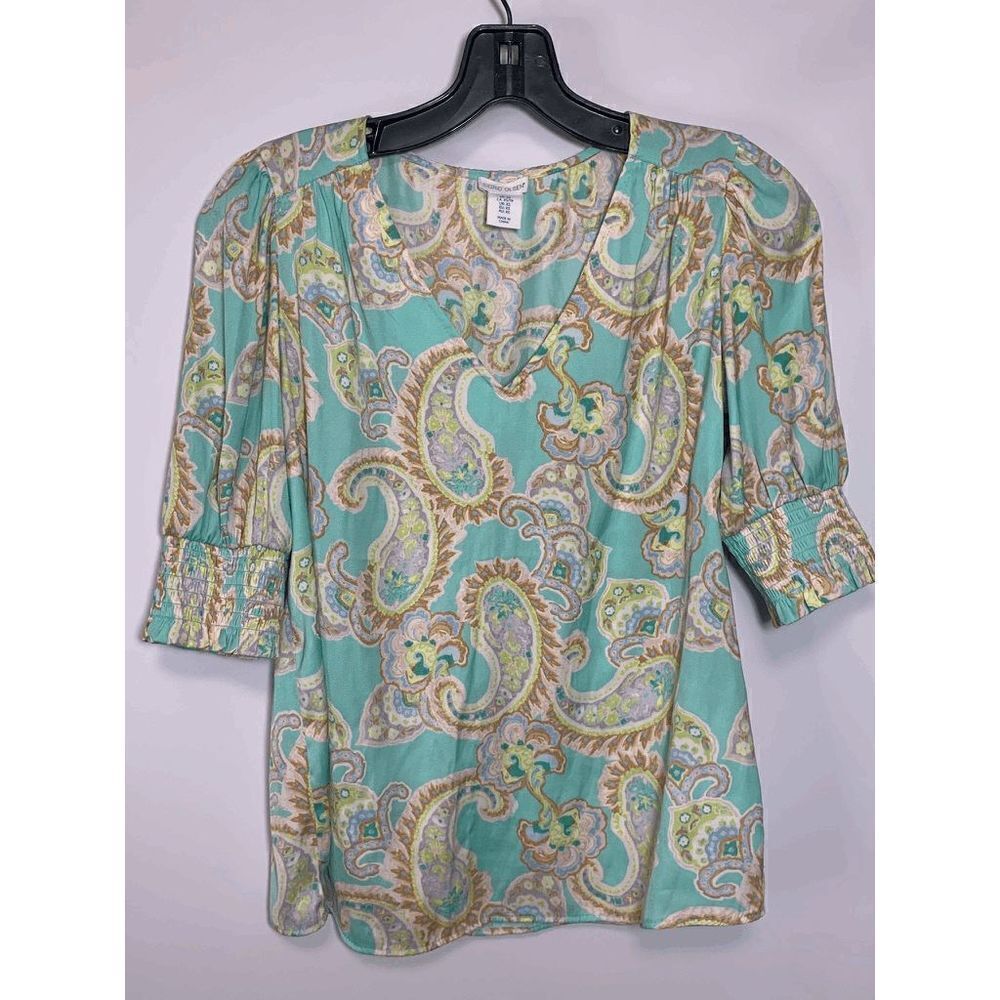 Sigrid Olsen Womens Paisley V Neck Puff Smocked Sleeve Blouse Mint Green Size XS